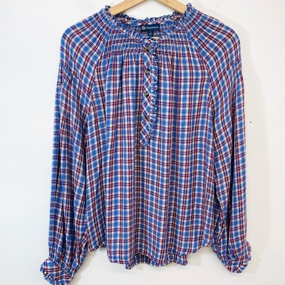 Democracy  Plaid Pop Over  Blouse Top Woman Large  Ruffle  Long Sleeve Western - Picture 1 of 12